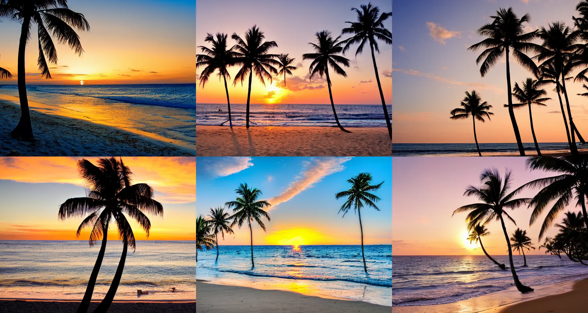 Prompt: Beach with ocean and palm trees at sunset, golden hour