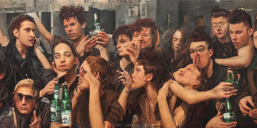 Image similar to beautiful oil matte portrait painting, 8 0 s punks sitting on the berlin wall drinking bottles of beer and listening to a boombox, wonderful masterpiece highly detailed, beautiful cinematic light deep focus, elegant, digital painting, smooth, sharp focus, golden ratio, dramatic illumination, ultra realistic, 8 k, art by jimmy law