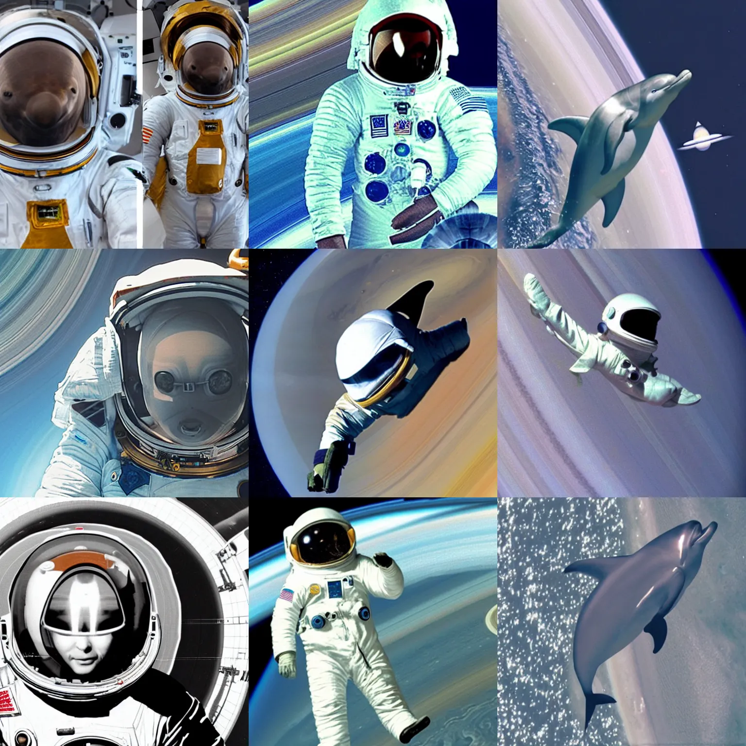 Prompt: dolphin in astronaut suit near saturn