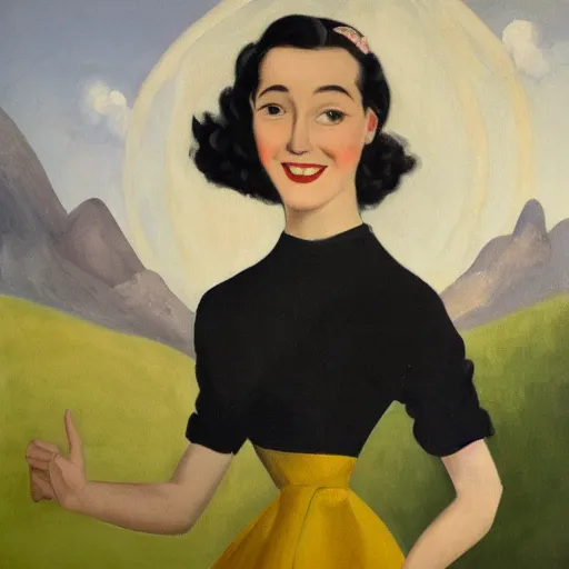 Prompt: a portrait of a young woman from the fifties, seated in front of a landscape background, her black hair is a long curly, she wears a dark green dress, pleated in the front with yellow sleeves, puts her right hand on her left hand, and smiles slightly, oil painting