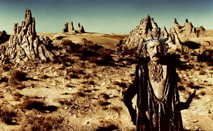 Image similar to portrait of salvador dali wearing a crown and golden dress with jewels in a dry rocky desert landscape, visible sky and sunny atmosphere, alien ruins by giger in the background, film still from the movie by alejandro jodorowsky with cinematogrophy of christopher doyle and art direction by hans giger, anamorphic lens, kodakchrome, very detailed photo, 8 k