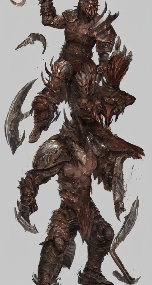 Image similar to concept art of a wounded, copper DnD dragonborn barbarian with a lot of battlescars, character design, concept art, render, fullbody shot turnaround, trending on artstation