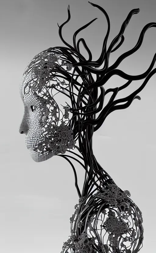 Image similar to black and white complex 3d render of 1 beautiful profile woman porcelain face, vegetal dragon cyborg, 150 mm, sinuous silver metallic ghost orchid and magnolia stems, roots, leaves, fine foliage lace, maze-like, black metalic carbon armour with silver details fractal, anatomical, surrounded by smoke, facial muscles, cable wires, microchip, elegant, highly detailed, rim light, octane render, H.R. Giger style, David Uzochukwu