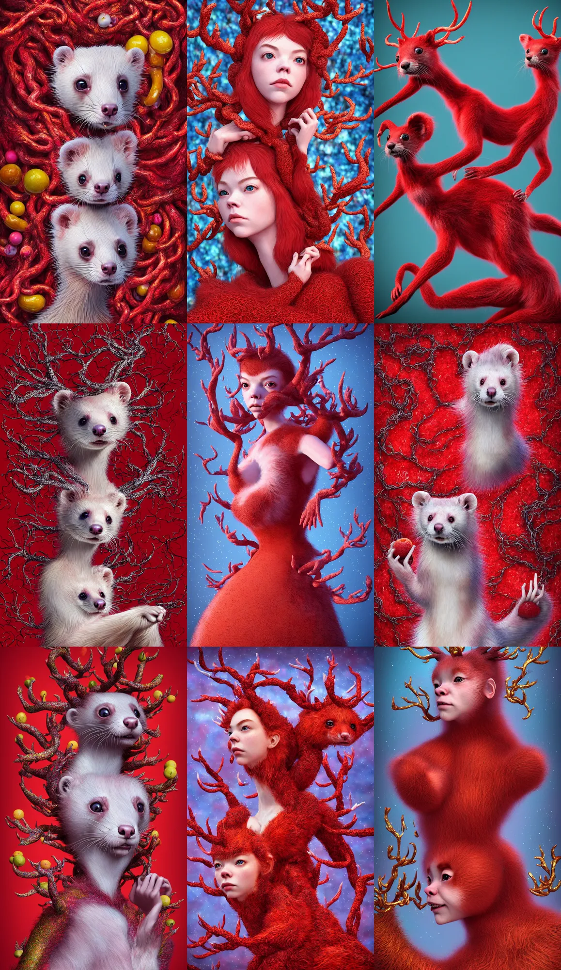 Prompt: hyper detailed 3d render like a Oil painting - kawaii full body portrait Aurora (a lithe beautiful furry ferret queen like skesis that looks like Anya Taylor-Joy with hooves and tiny antlers) seen red carpet photoshoot in UVIVF posing in scaly dress to Eat of the Strangling network of yellowcake aerochrome and milky Fruit and His delicate Hands hold of gossamer polyp blossoms bring iridescent fungal flowers whose spores black the foolish stars by Jacek Yerka, Ilya Kuvshinov, Mariusz Lewandowski, Houdini algorithmic generative render, Abstract brush strokes, Masterpiece, Edward Hopper and James Gilleard, Zdzislaw Beksinski, Mark Ryden, Wolfgang Lettl, hints of Yayoi Kasuma, octane render, 8k