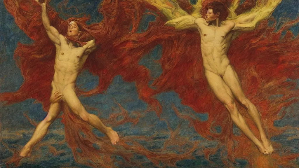 Prompt: ( he is strong with change, and rideth forth in whirlwind clothed, with thunders and with doom to the red stars ) in the style of max klinger, george frederick watts, jean delville, oil on canvas