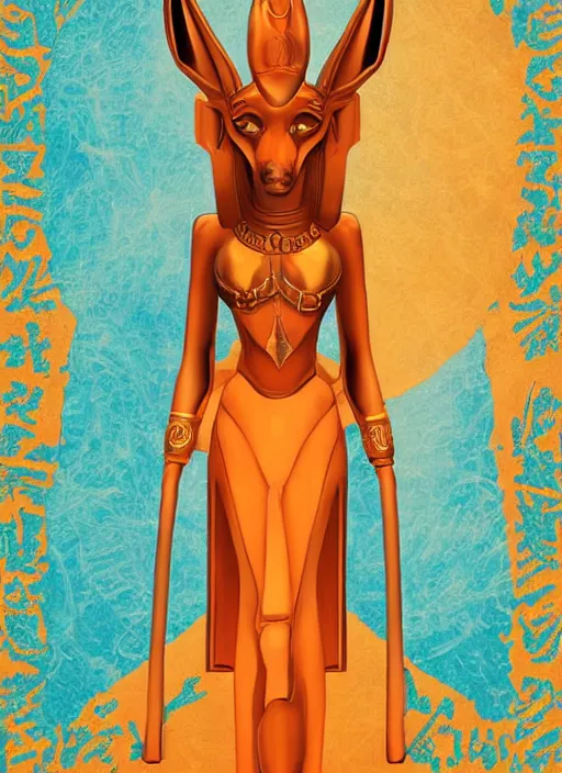 Prompt: Detailed symmetrical digital painting of Female Anubis wearing short Golden Clothing. orange and teal color palette, trending on Artstation