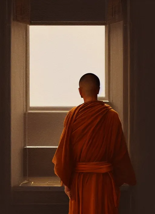 Image similar to oil painting of a monk in robes, looking out a window contemplatively, digital art, artstation, cinematic, golden hour, digital art painting by greg rutkowski
