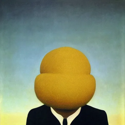 Prompt: a man with a beehive instead of a face, surrealist painting by rene magritte. mysterious, ominous