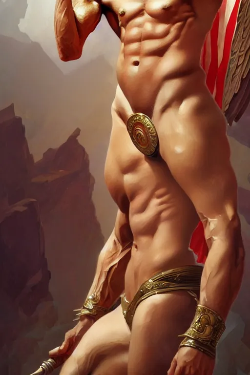 Image similar to Donald Trump as a Greek god, gorgeous, amazing, muscular, fit, very muscular male body, intricate, highly detailed, digital painting, artstation, concept art, sharp focus, illustration, art by greg rutkowski and alphonse mucha