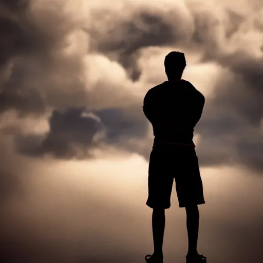 Image similar to a silhouette of a man standing among the clouds, award winning photograph, cinematic