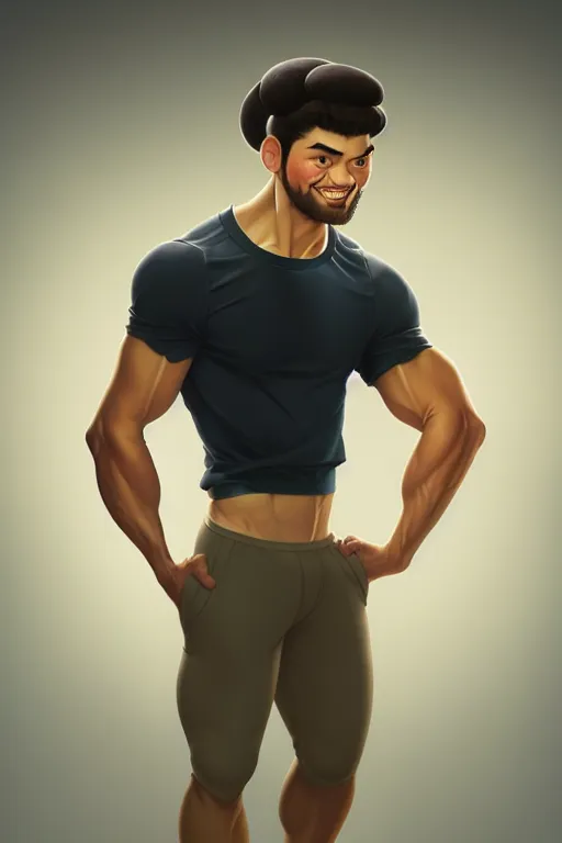 Prompt: musculated athlete with a light beard, a black tissue band on his head, he wears a white t - shirt, blurry background of a gym room, disney, pixar, bloom, medium shot, dramatic lighting, in the style of studio ghibli, j. c. leyendecker, greg rutkowski, artgerm