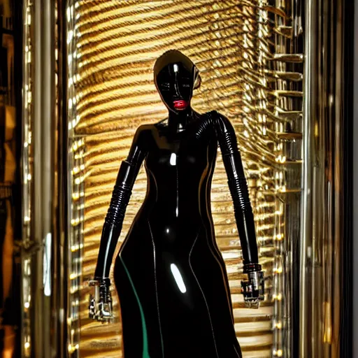 Image similar to close up of a black female fashion model in year 3000 in art-deco entrance hall, model wearing a robotic black dress, photography , official Versace editorial , highly detailed