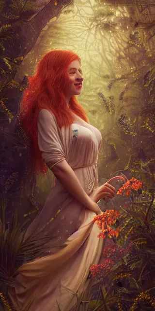 Image similar to infp young woman, smiling amazed, golden fireflies lights, full covering intricate detailed dress, amidst nature, long red hair, precise linework, accurate green eyes, small nose with freckles, beautiful oval shape face, realistic, expressive emotions, dramatic lights, hyper realistic ultrafine art by artemisia gentileschi, jessica rossier, boris vallejo