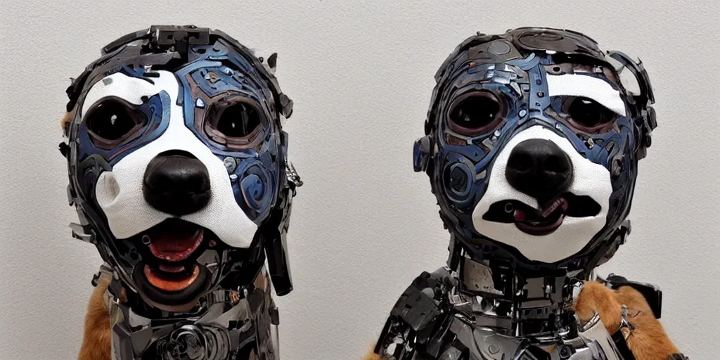 Prompt: a beautiful cyborg made of ceremonial puppy maske