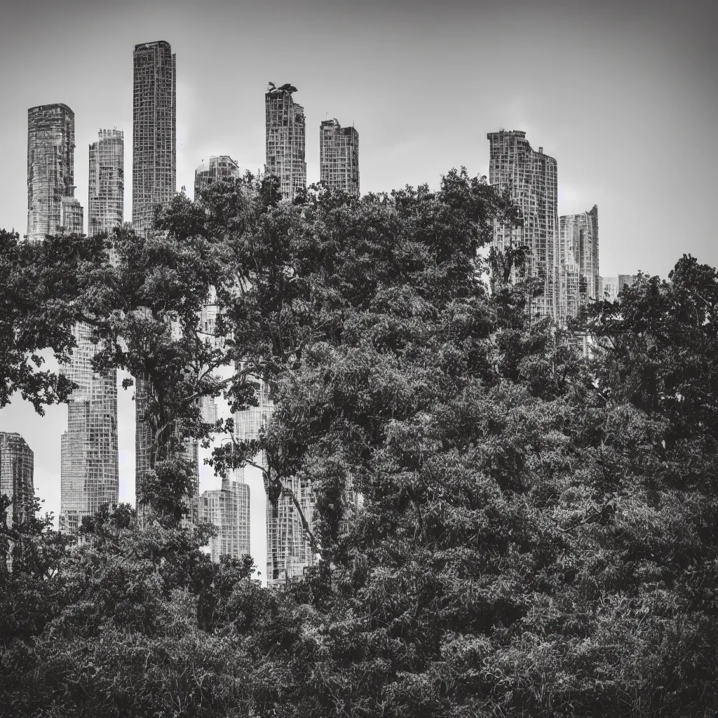 Prompt: landscape photograph of an abandoned sky scraper over grown, 7 0 mm, f / 3. 5, photography landscape photography, instagram