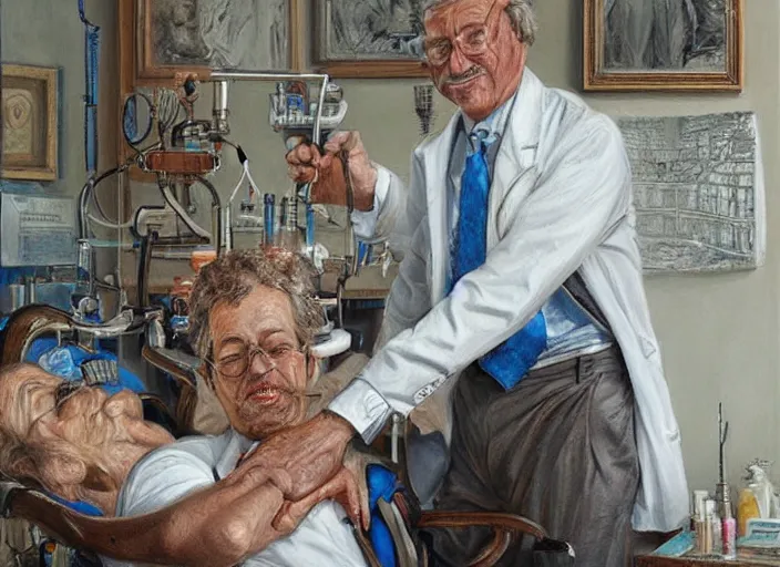 Prompt: a highly detailed magnificent portrait of a dentist, james gurney, james jean