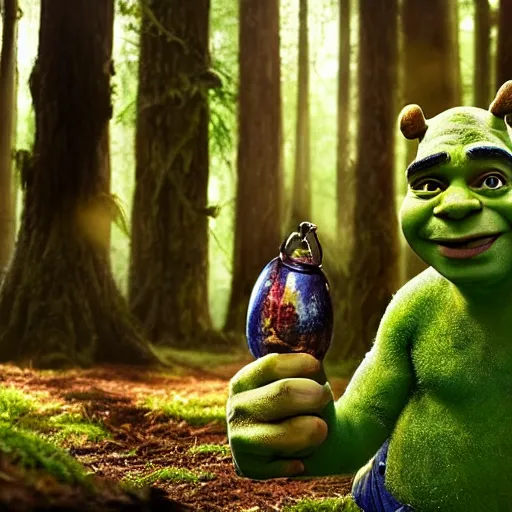 Image similar to very very very very highly detailed, epic, central composition, photo of Mr Bean as Shrek in the forest, intricate, happy colors, extremely detailed, hyper realistic award winning Shrek photography