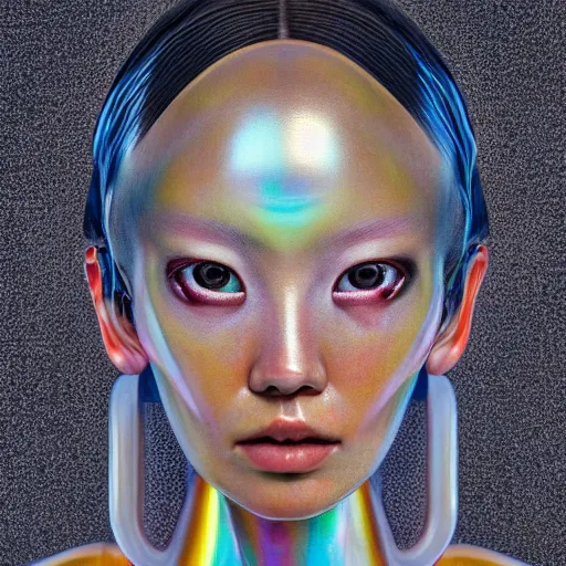 Image similar to hyperrealistic photograph of a highly detailed portrait of beautiful pearlescent cyborg, in the style of jin kagetsu, james jean and wlop, chuck close, highly detailed, face symmetry, highly realistic hands, masterpiece, award - winning, sharp focus, intricate concept art, ambient lighting, 8 k, artstation,