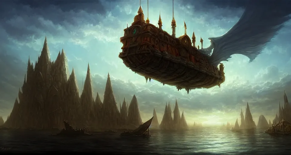 Image similar to low fantasy, landscape an ancient floating city in the sky and an sky - ship flying towards it andreas rocha