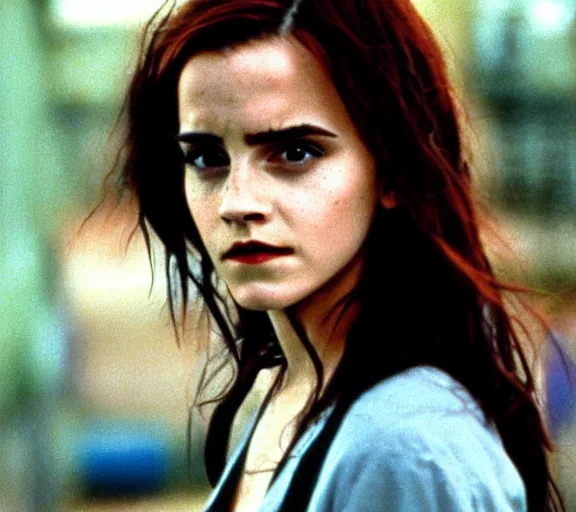 Prompt: color still shot of emma watson in film the craft 1 9 9 6, face closeup,