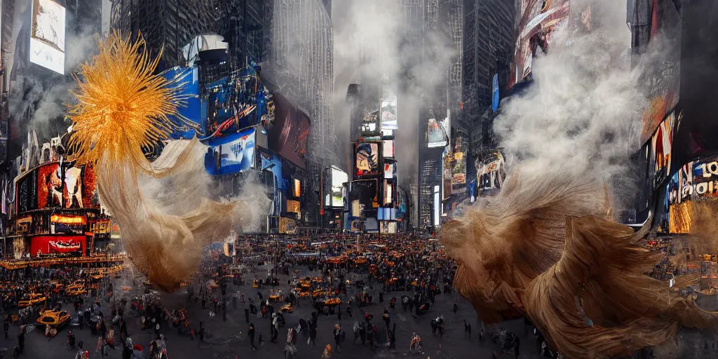 Image similar to 'Deamons unleashed in Times Square' by István Sándorfi royally decorated, whirling smoke, embers, gold encrustations , gilt silk torn fabric, radiant colors, fantasy, perfect lighting, studio lit, volumetric lighting, micro details, 3d sculpture,