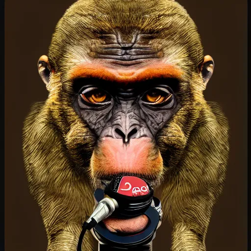 Prompt: Chimera of Joe Rogan and a monkey talking into a microphone, single subject, portrait, intricate, highly detailed, concept art, smooth, sharp focus