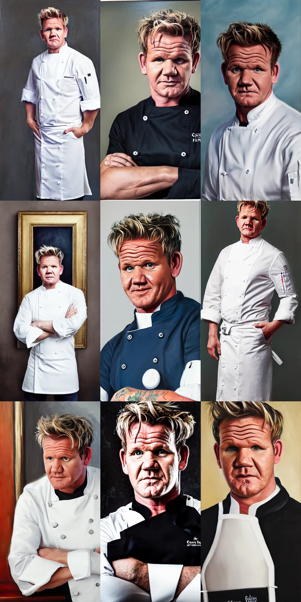 Prompt: A portrait (centered, medium full shot) of Gordon Ramsay wearing a chef uniform (white), oil on canvas, classicism style