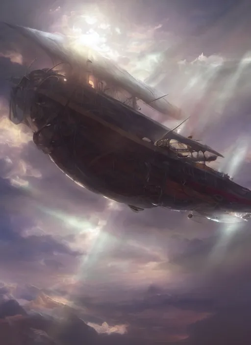 Prompt: pirate airship flying through the clouds, volumetric light rays painted by raymond swanland