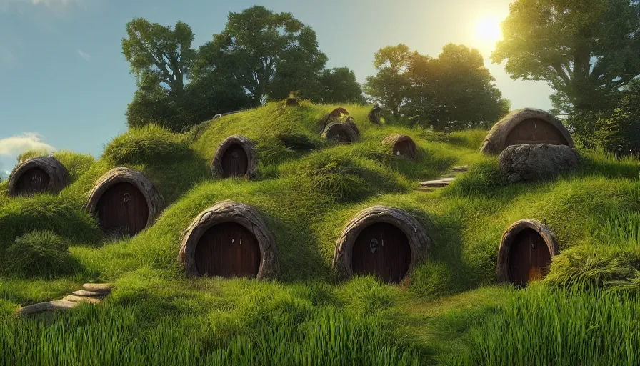 Prompt: hobbit houses in a grass field hill, sunny day, ray of sunlight, volumetric, depth, of field, hypersharp, hyperdetailed, by moebius, artstation, cgsociety, 8 k