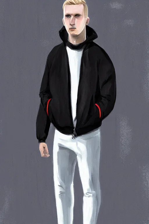Prompt: extreme long shot. blonde russian man in white adidas pants with three stripes. black jacket. sad face. staying on the street. digital painting.