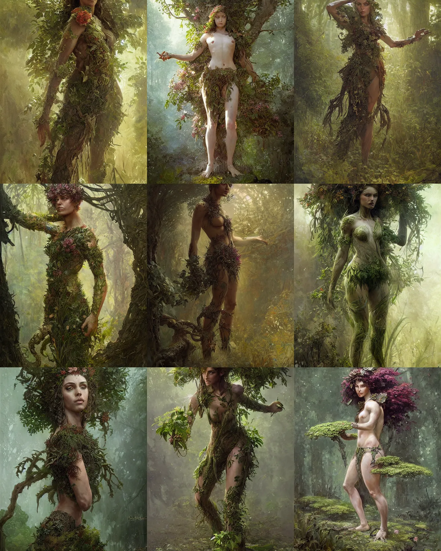 Prompt: martial artist dryad, woman made of plants, fantasy character portrait full body concept art, intricate details, by greg rutkowski, gaston bussiere