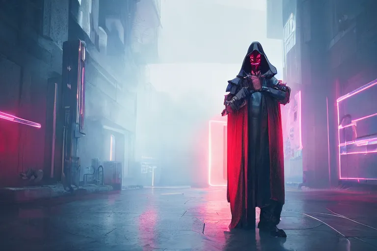 Image similar to tech cyberpunk wizard, heavy robes, cyberpunk armor, smoke, techo cathedral, realistic, octanerender, 4k, neon, cinematic