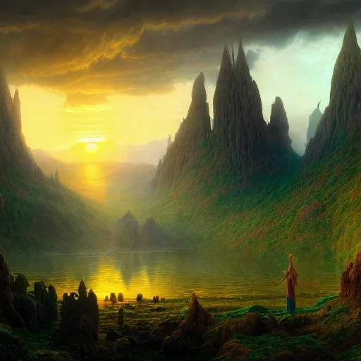 Prompt: a beautiful and highly detailed matte painting of the lost elven land of beautiful dreams, sunrise, celtic, psychedelic, epic scale, insanely complex, hyperdetailed, sharp focus, hyperrealism, artstation, cgsociety, 8 k, bright colors, by caspar friedrich, albert bierstadt, james gurney, brian froud,