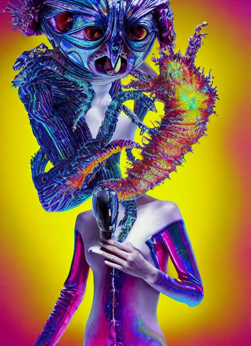 Prompt: hyper detailed render like a chiaroscuro - kawaii portrait (astronaut queen, suit, chrome skeksis, porcelain forcefield, looks like Krysten Ritter) Eating Strangling network yellowcake aerochrome watercolor and milky Fruit and His delicate Hands hold gossamer polyp nun bring iridescent fungal flowers