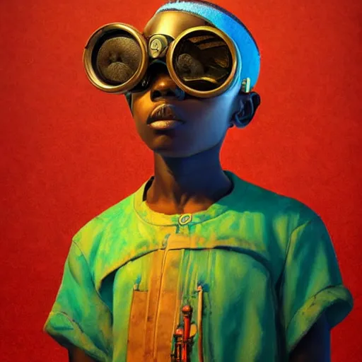 Image similar to colourful vfx upper half - portrait - art of a nigerian boy wearing steam punk goggles, art by utagawa kunisada & james jean, concept art, digital illustration, digital render, volumetric light, ray tracing, symmetrical, unreal engine, octane render, sharp, detailed, highly detailed, intricate detail, pinterest, behance, art station,