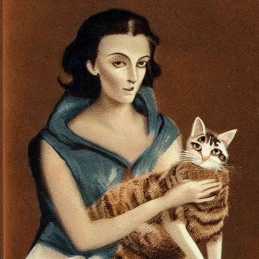 Image similar to it features a woman sitting with a cat on her lap. the woman is a bit spooky looking... her eyes glow with an unearthly light. indeed, she is nearly demonic.