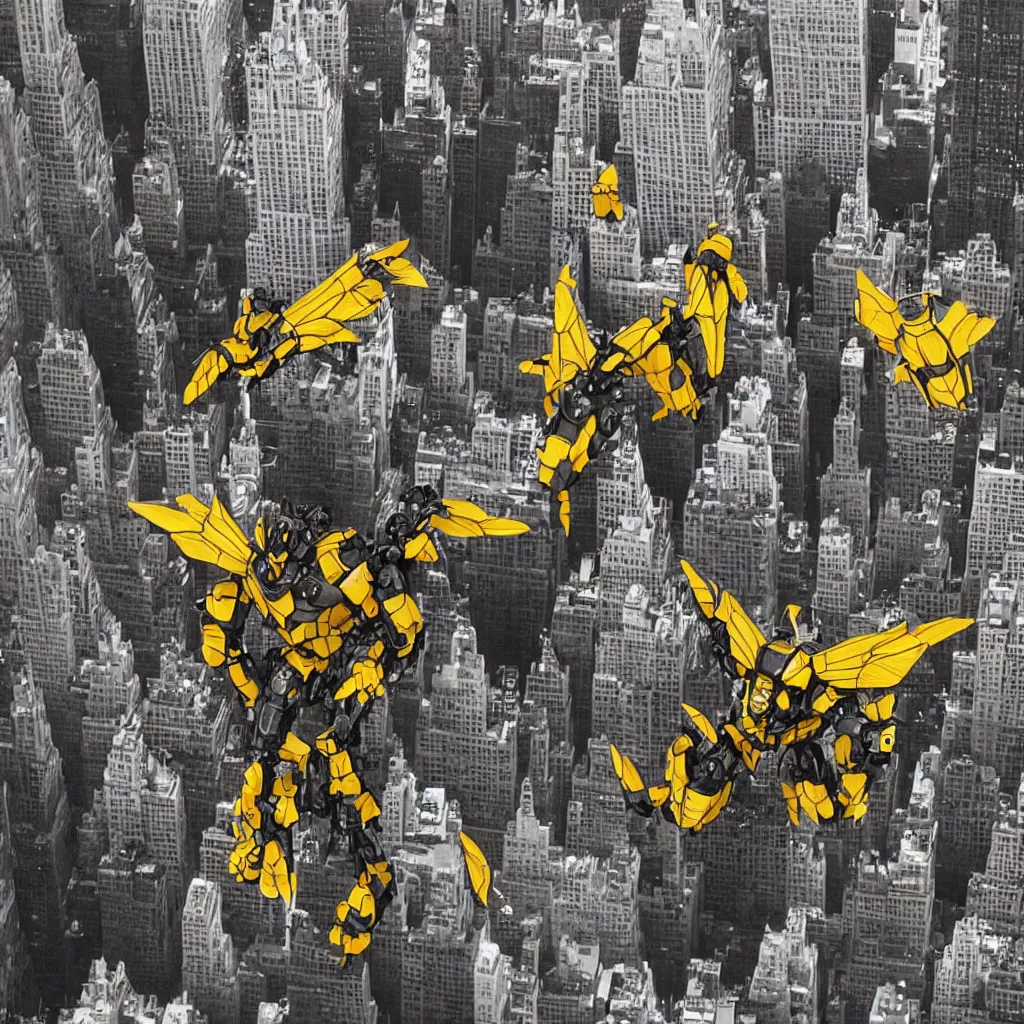 Image similar to giant mecha bee attacking new york
