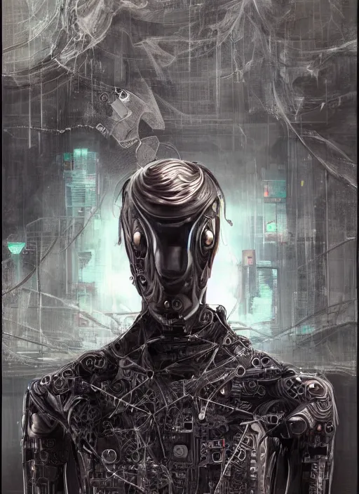 Image similar to a hyper - detailed fine painting of a synthetic man ( cyber - organic ), dystopian concept art