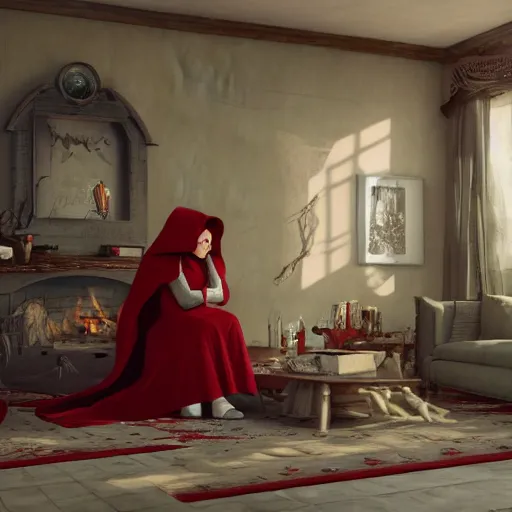 Prompt: big bad wolf and red riding hood talking in grandma’s living room, 3d scene, render, ultra realistic, zenith view, Greg Rutkowski, artstation, cgsociety, unreal engine, 3d scene, render, ultra realistic