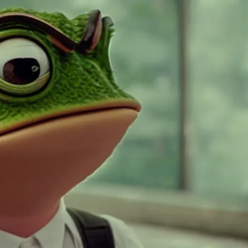 Image similar to pepe the frog in a movie directed by Christopher Nolan, movie still frame, promotional image, imax 70 mm footage