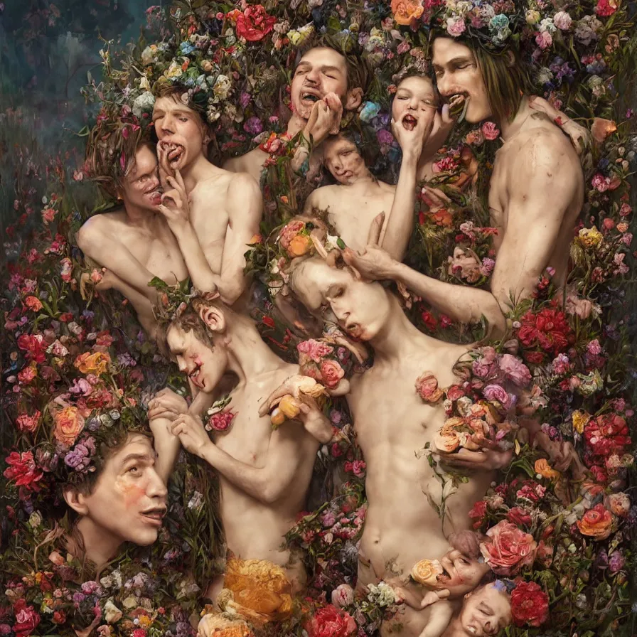 Prompt: male portrait of anorexic family eating rotten flesh and puking blood wearing a thong, surrounded by flowers by karol bak, james jean, tom bagshaw, rococo, trending on artstation, cinematic lighting, hyper realism, dramatic, emotional, octane render, 8 k, hyper detailed.