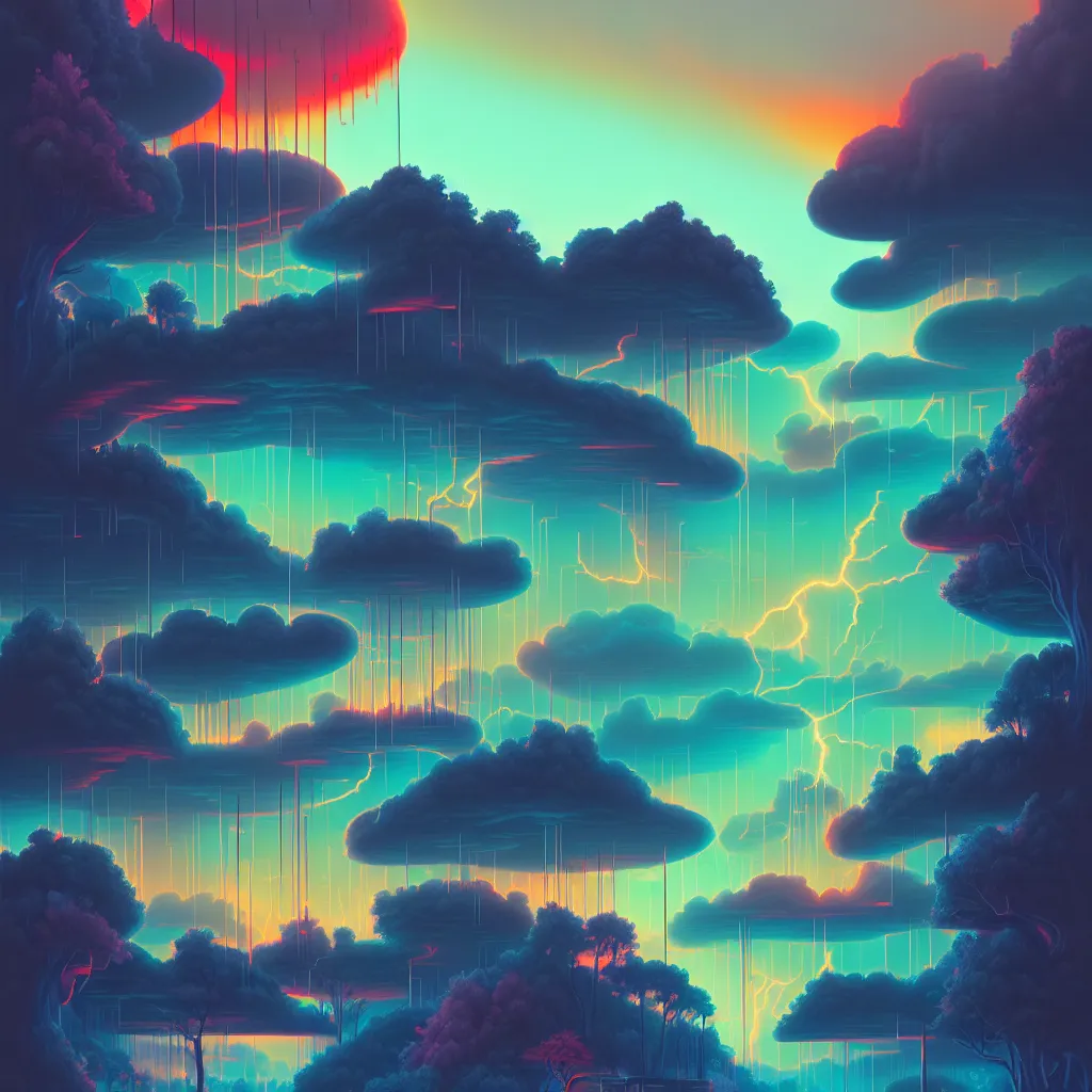 Prompt: illustration of a data-center architecture, connector, firewall, cloud, security, river, trees, thunderstorm, trending on Artstation, painting by Jules Julien, Leslie David and Lisa Frank and Peter Mohrbacher and Alena Aenami and Dave LaChapelle muted colors with minimalism