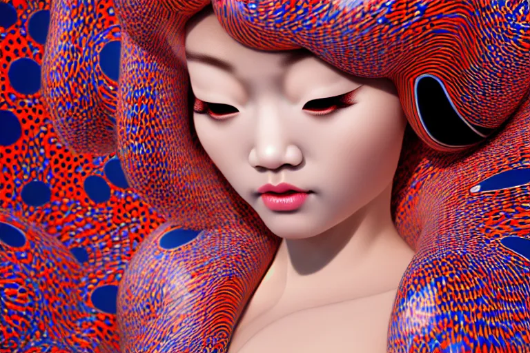 Image similar to hyperrealistic detailed image of a geisha laying in a art installation room, interior by yayoi kusama, part by kei mieno, part by alex gray, part by ross tran, part by james jean, ultra realistic, highly detailed, life like face, detailed body, 8 k, octane render, trending on artstation, very cohesive, masterpiece