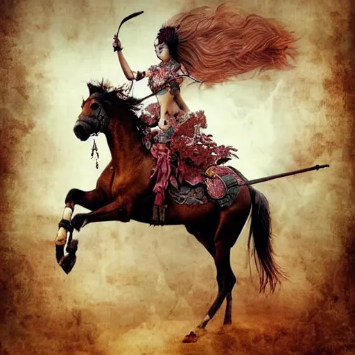 Image similar to Apsaras warrior riding a horse,traditional Chinese textures, hyper detailed, by Brook Shaden