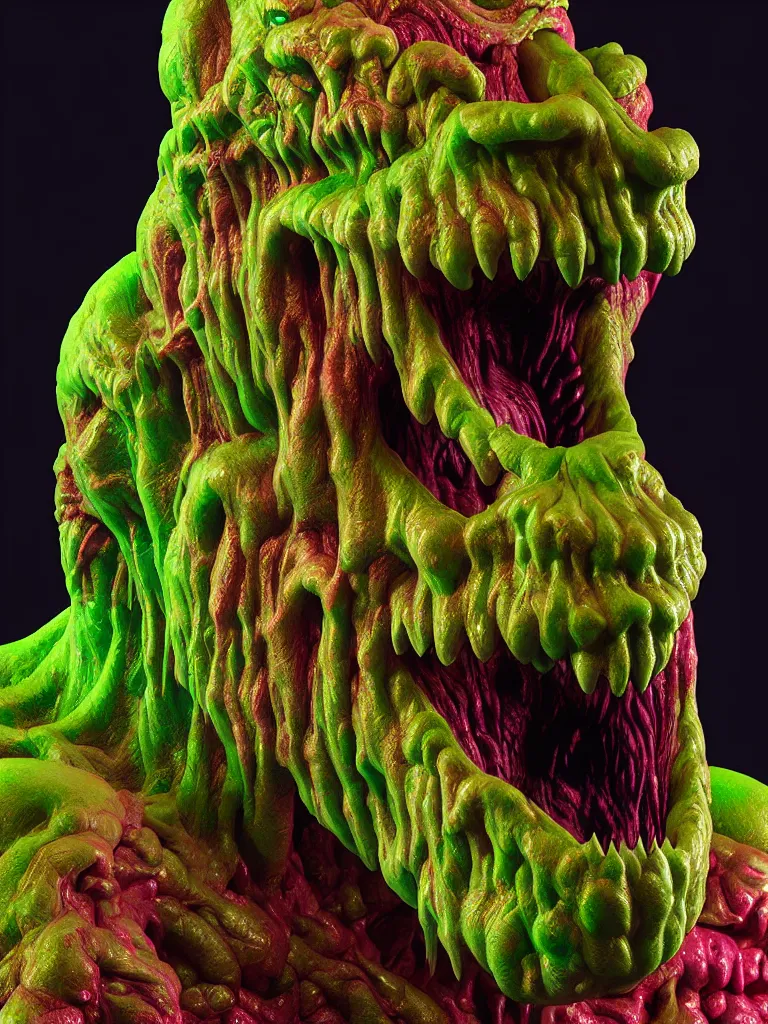Prompt: hyperrealistic rendering, fat smooth wet cronenberg flesh monster smooth kaiju by art of skinner and richard corben and jeff easley, product photography, action figure, sofubi, studio lighting, colored gels, skulls and ribcages