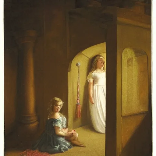 Prompt: representation of a royal girl in a doomed jail, with just a beam of light coming from a little window in the style of Francesco Raibolini, Italian painter, goldsmith and medalist