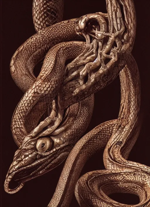 Image similar to snake with three heads with translucent skin, visible muscles and veins and arteries and bones and spines and nerves, beautiful detailed intricate insanely detailed octane render, 8k artistic photography, photorealistic, chiaroscuro, by David Cronenberg, Raphael, Caravaggio