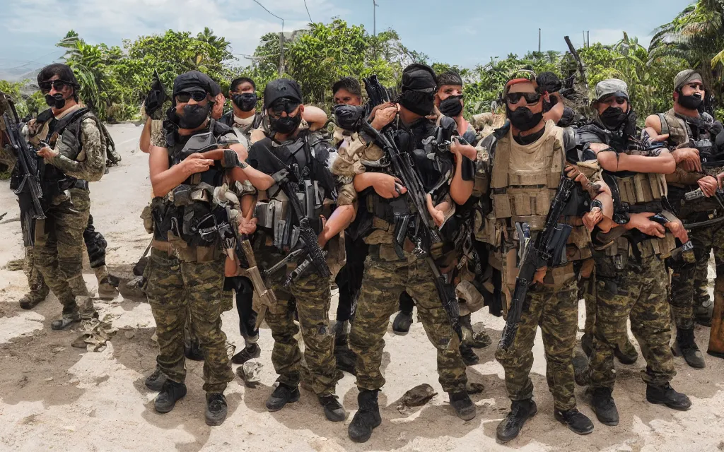 Image similar to heavily armed battalion of thirty drug cartel members, shoulder - to - shoulder, with fully decked - out equipment, long shot photography, harsh overhead sunlight, midday, summer, high - key lighting