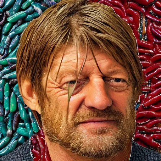 Prompt: a portrait of of sean bean constructed from beans, baked beans, lima beans, string beans, collage, drop shadow, organic, layered composition, layers, texture, mcu, petals, highly textured, layered, sculpted, dynamic,
