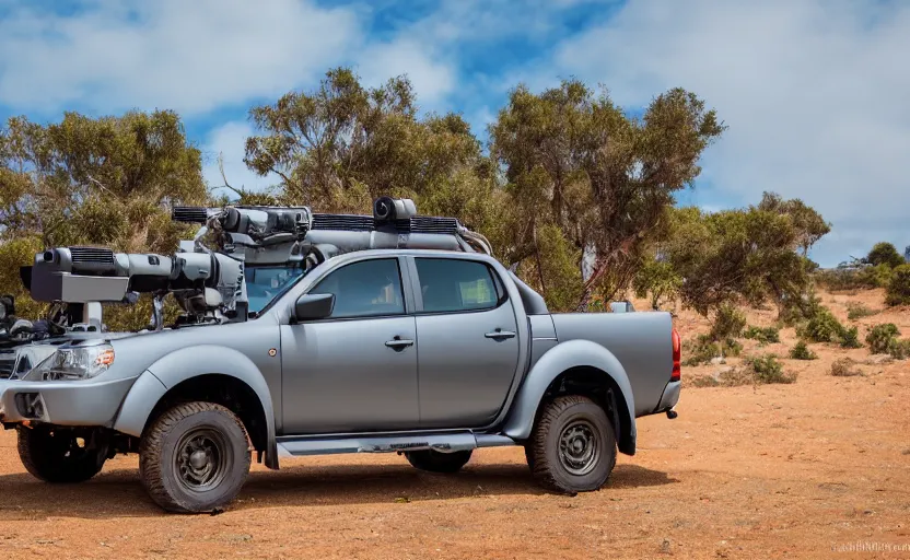 Prompt: wideshot of a UB-32 rocket pod mounted on a Mitsubishi Triton, highly detailed, 4k photo, shot with sony alpha